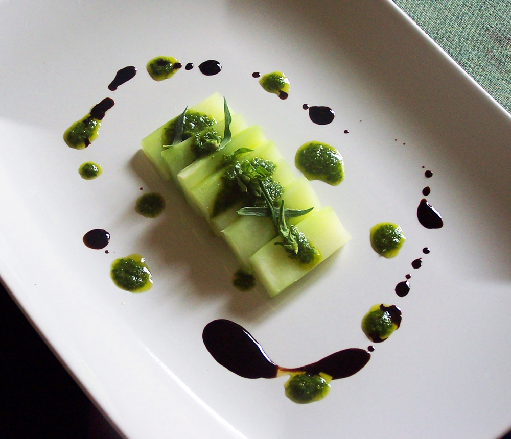 blanched broccoli stalks with basil tarragon pesto and balsamic reduction