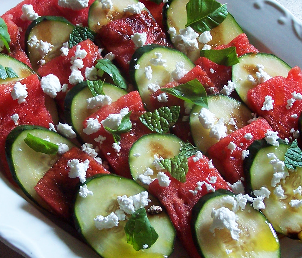 cucumber watermelon and feta with balsamic vinegar