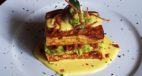 Avocado French Toast with Bacon and Hollandaise Sauce