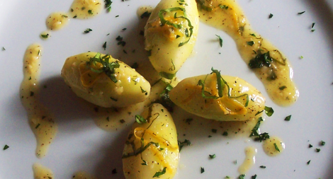 Turned Broccoli Stalks with Basil and Tarragon Sauce