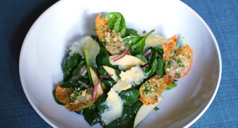 Apple Cheddar Spinach Salad with Apple Cider Vinaigrette and Garlic Parsley Croutons