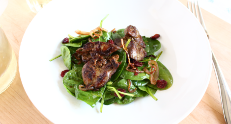 Pan Roasted Chicken Liver and Spinach Salad with Shallots and Dried Cranberries
