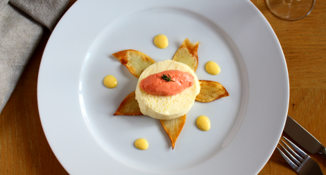 Parmesan and Thyme Custard with Salmon Mousse Pan Roasted Potatoes and a Cayenne Sabayon