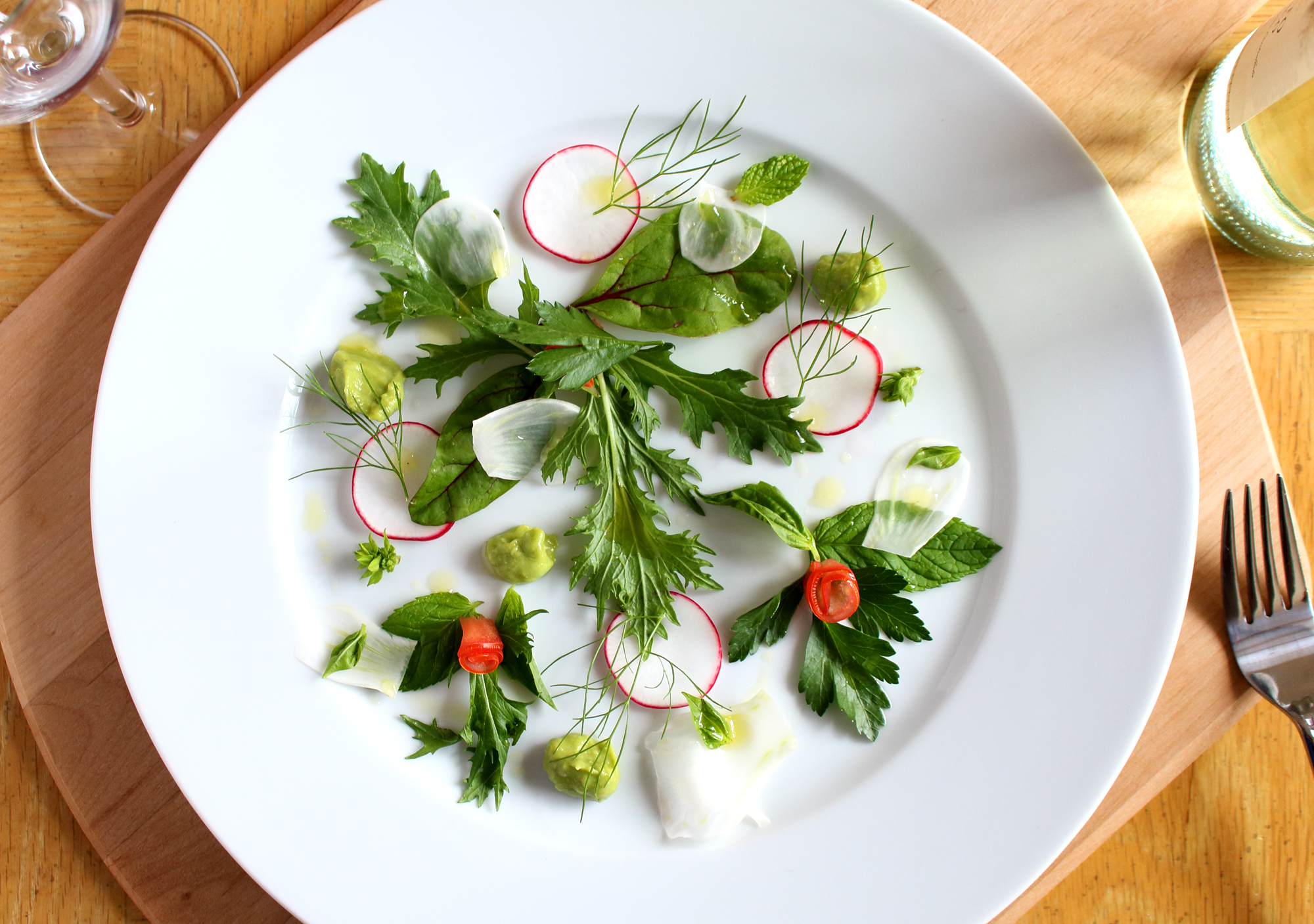mixed green and herb salad with fennel radish tomato and a spicy ginger soy avocado purã©e