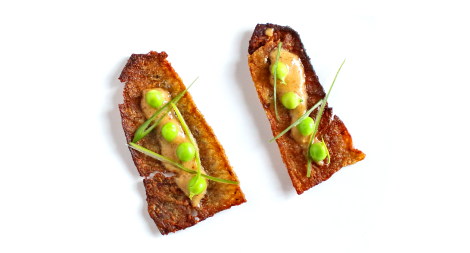 Crispy Salmon Skin with Snow Peas and Spicy Mustard