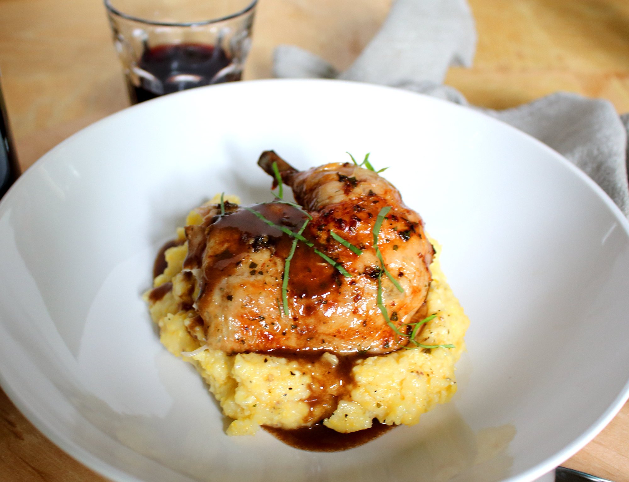 roast chicken with red wine demi-glace and polenta