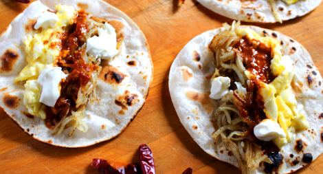Egg and Hash Brown Tacos with Cile de Arbol Salsa