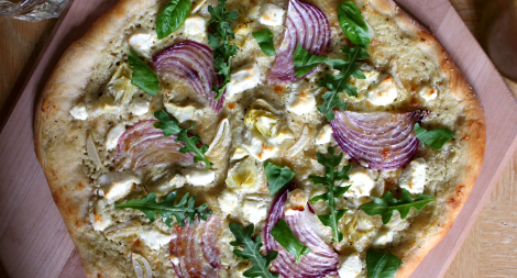 Artichoke Red Onion and Goat Cheese Pizza with Arugula