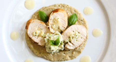 Broccoli and Goat Cheese Turkey Roulade with Garlic Parmesan Eggplant Purée