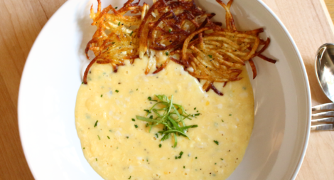 Creamy Scrambled Eggs with Potato Tuiles