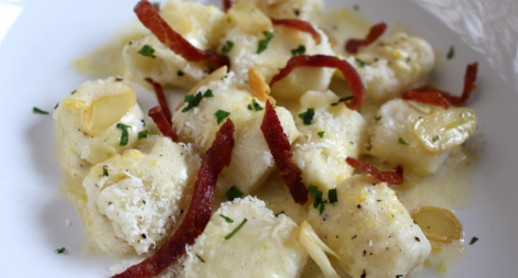 Gnocchi with Garlic Parmesan Bacon and a Sage Zabaglione