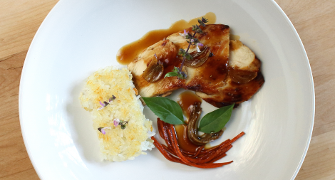 Chicken with Crispy Rice and a Honey Soy Gastrique